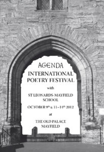 Agenda poetry festival cover. Features an archway with the wording: Agenda and St Leonards, Mayfield Poetry Festival October 9th to 14th 2012 at The Old Palace, Mayfield Photo & design: Sue Fallon